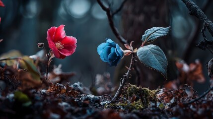 Poster - Vivid floral contrast in nature enchanted forest photography dreamy mood close-up digital transformation technology