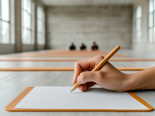 Poster - Mindful Workspace Vibes Close-Up on Hands Taking Notes During Office Meditation Workshop Modern Wellness Approach for Corporate Mental Health and Employee Support