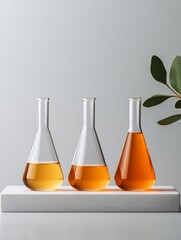 Aufkleber - Minimalist Pharmaceutical Display Amber Chemical Solutions in Glass Vials on Granite Platform - Innovative Drug Development and High-Tech Lab Aesthetics