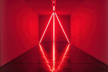 Poster - Abstract red neon light installation in dark hallway with reflective floor