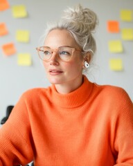 Aufkleber - Vibrant Inclusivity in Business Woman with Hearing Aid at Modern Brainstorming Session - Creative Office Innovation and Accessible Professional Spaces