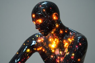 Poster - Sculpture of a human figure illuminated with glowing lights and intricate patterns in a modern gallery setting. Generative AI