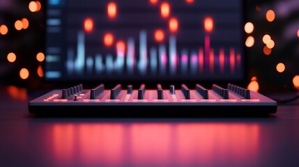 Poster - RGB-Infused Electronic Studio Sleek Digital Soundwave Display with Compact Console for Innovative Music Production and Urban Creative Spaces