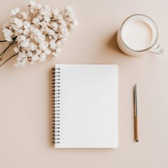 Poster - Minimalist Workspace Inspiration Spiral Notebook and Coffee on Beige Desk - Modern Productivity Tools and Creative Content Marketing for Contemporary Office Settings
