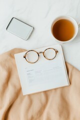 Fototapete - Minimalist Workspace Flat Lay Digital Job Search Essentials with Laptop, Tea, Smartphone and Notepad - Professional Networking and Career Growth in Tech-driven Environments