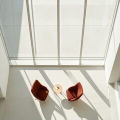 Aufkleber - Minimalist Office Lounge Modern Red Chairs and Wooden Table in Sunlit Space - Innovative Business Interiors and Strategic Meeting Ambience
