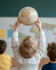 Aufkleber - Interactive Global Learning Diverse Children with Globe in Bright Classroom - Reimagining Education with Visual Discovery for Progressive Child Development