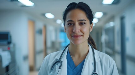 Confident female doctor in hospital corridor