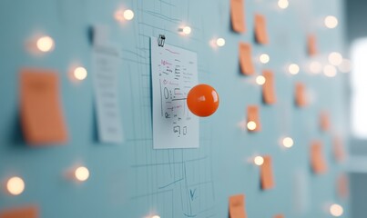 Aufkleber - Collaborative Innovation Hub Vibrant Sticky Notes and Hand-Drawn Diagrams on Corkboard with String Lights - Dynamic Creativity for Modern Startup Environments and Urban Planning Solutions