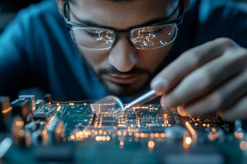 Fototapete - Precision Tech Analysis Middle Eastern Man Examines Microchip with Soldering Tools - Innovative Workspace Solutions and Sustainable Electronics Development