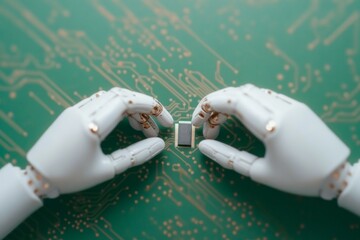 Fototapete - Cutting-Edge Robotics in Microchip Assembly Precision Engineering on Metallic Surface - Technological Innovators Edge in Modern Industrial Automation