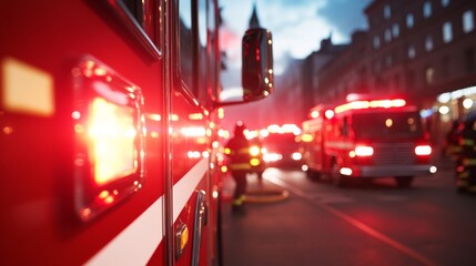 Aufkleber - Urban Emergency Readiness Multicultural Firefighting Team Examines Modern Safety Equipment by Shiny Red Fire Truck - Dynamic City Response Solutions