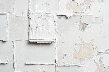 Poster - Textured white wall with peeling paint and plaster remnants creating an artistic design in an indoor setting. Generative AI