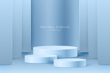 Wall Mural - 3d minimal podium room with 3 set of steps realistic pink color cylinder stand podium. podium wall w