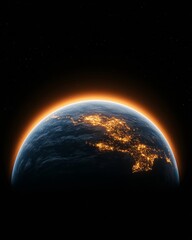 Aufkleber - Futuristic Global Connectivity Illuminated Earth with City Lights and Sunrise for Tech Visuals - Enhanced Networking and Exploration in Digital Marketing Applications