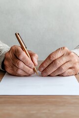 Poster - Minimalist Legal Documentation Hands of Mature Adult with Gold Pen on Wooden Desk - Professional Visual Content for Business, Agreements and Corporate Branding