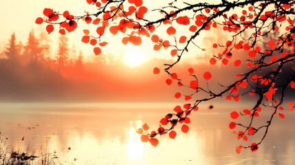 Poster - A serene sunset reflecting on a calm lake, framed by vibrant orange leaves, creating a tranquil and picturesque autumn atmosphere
