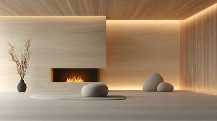 Poster - A minimalist interior featuring warm lighting, a stone fireplace, decorative stones, and a simple vase with flowers, creating a serene atmosphere