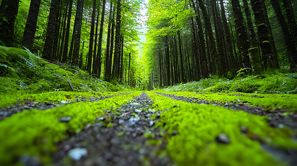 Poster - A tranquil forest path lined with vibrant green moss and tall trees, creating a serene and inviting atmosphere