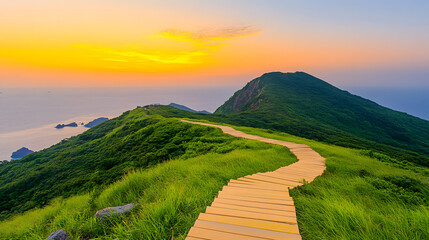 Poster - A scenic pathway winds through lush greenery, leading towards a vibrant sunset over rolling hills and the ocean