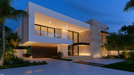 Poster - A modern architectural design featuring a spacious facade, large windows, and lush landscaping, illuminated beautifully at dusk