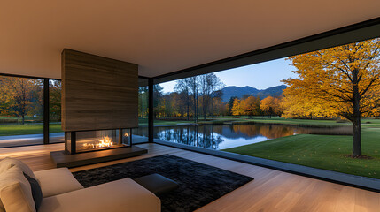 Aufkleber - A modern living room features floor-to-ceiling windows with a stunning view of a serene pond and autumn foliage, highlighting a cozy fireplace