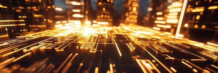 Leinwandbilder - Neon Cybernetic Grid Illuminated Urban Circuitry in Golden Hues - Tech Innovation Content and Futuristic Marketing Visuals