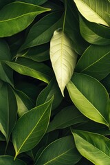 Wall Mural - A close up of green leaves with a leaf in the middle. The leaf is slightly yellow and the rest of the leaves are green