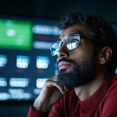 Poster - Contemporary Sports Fandom Analysis Indian Commentator in High-Tech Studio with Digital Tactics Board and Player Stats - Enhancing Fan Engagement and Sports Tech Insights
