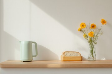 Poster - Functional Minimalist Kitchen Nook Smart Digital Kettle, Stylish Bread Box and Wooden Countertop - Enhancing Modern Home Efficiency and Design for Urban Living