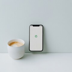 Poster - Minimalist Mobile Payment Success Sleek Smartphone with Green Check on White Desk - Digital Finance for Secure Transactions and Modern Business Efficiency
