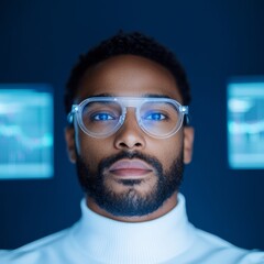 Aufkleber - Contemporary Fact-Checking Interface African American Male Utilizing Multi-Screen Verification Software in Sleek Office - Digital Literacy and Myth-Busting for Business Innovation