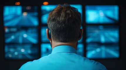 Aufkleber - High-Tech Urban Monitoring Middle Eastern Male, 35, in Business Casual Overseeing Traffic Flow on Multiple Displays - Efficient Crisis Management and Public Safety Enhancement