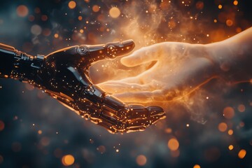 Poster - Connection between human and robot hand symbolizes future collaboration and technology