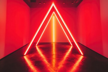 Poster - Glowing red neon triangle art installation in dark gallery space