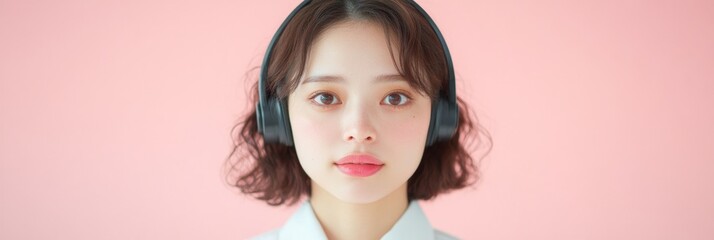Aufkleber - Minimalist Pink Aesthetic Young Asian Woman with Headset in Modern Customer Support - Enhanced Communication and Service Engagement for Contemporary Business Settings