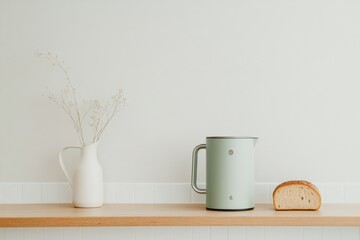 Poster - Modern Minimalist Kitchen Smart Green Kettle with Fresh Bread on Wood - Efficiency and Functional Design for Contemporary Home Appliances Market