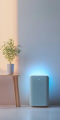 Poster - Smart Kitchen Aesthetic Minimalist White Cabinetry with Blue-Lit Dishwasher and Greenery for Sustainable Living - Enhancing Home Tech and Functional Design