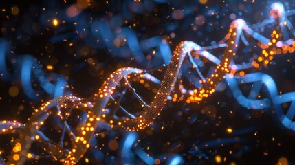 Poster - Vibrant DNA Helix in Motion with Glowing Particles Against a Dark Background