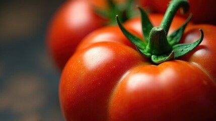 Sticker - Close-up view of ripe red tomatoes with vibrant green stems, showcasing their juicy texture and natural color