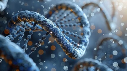 Poster - Close-up view of a DNA double helix structure with glowing particles in a scientific background