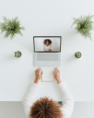 Aufkleber - Modern Virtual Collaboration Minimalist Workspace with Online Video Call on Laptop - Digital Networking for Diverse Teams and Innovative Business Solutions