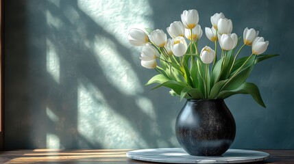 Wall Mural - White tulips in dark vase on wooden table, sunlit wall.