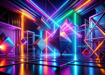 Wall Mural - Abstract Geometric Background: Ultraviolet Neon Glowing Shapes 3D Render Generative AI Stock Photo