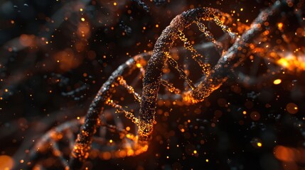 Poster - Abstract representation of DNA strands illuminated by glowing particles in a dark background (1)