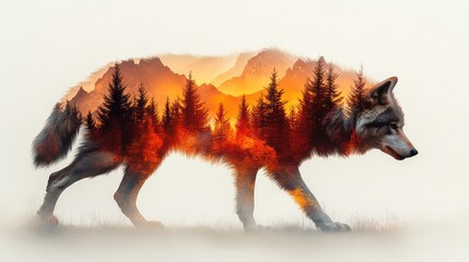 Poster - Wolf silhouette with sunset mountain landscape double exposure.