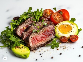 Poster - A plate of meat, avocado, and tomatoes. The meat is cut into slices and is surrounded by a bed of greens. The dish is colorful and appetizing, with the bright red tomatoes