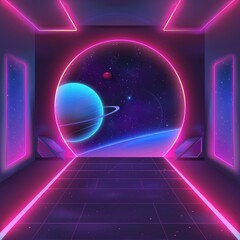 Wall Mural - A vibrant, futuristic hallway leading to a cosmic scene with planets and stars.