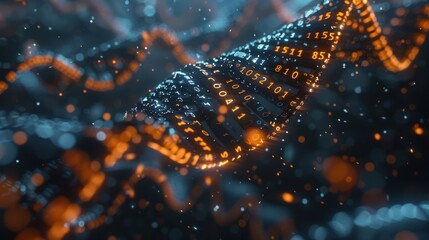 Poster - Abstract representation of digital data flow with glowing particles and binary code in motion