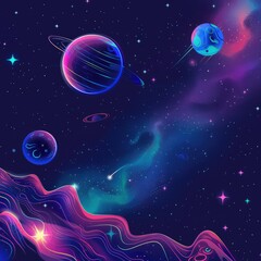 Wall Mural - A vibrant cosmic scene featuring colorful planets and a starry background.